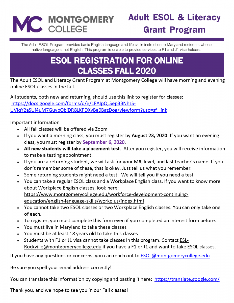Montgomery College ESOL Class Registration Fall 2020 Montgomery